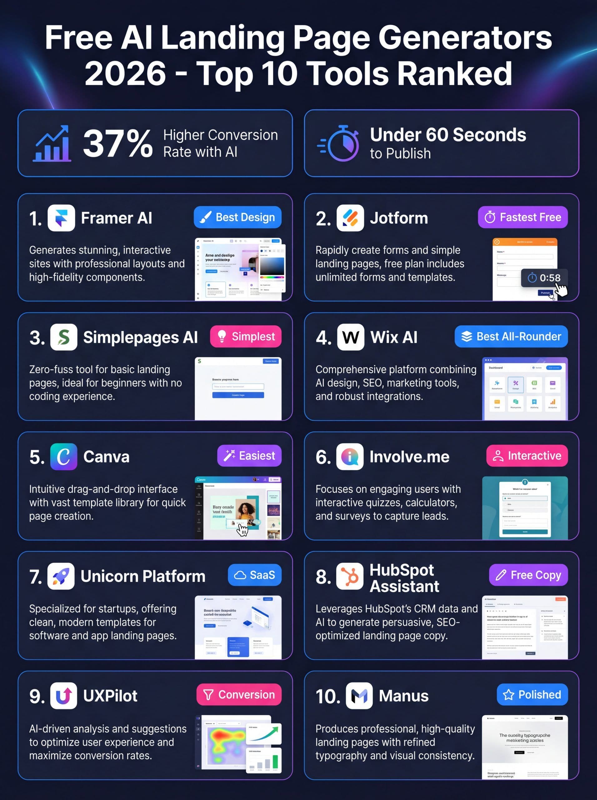 Free AI landing page generator comparison infographic 2026