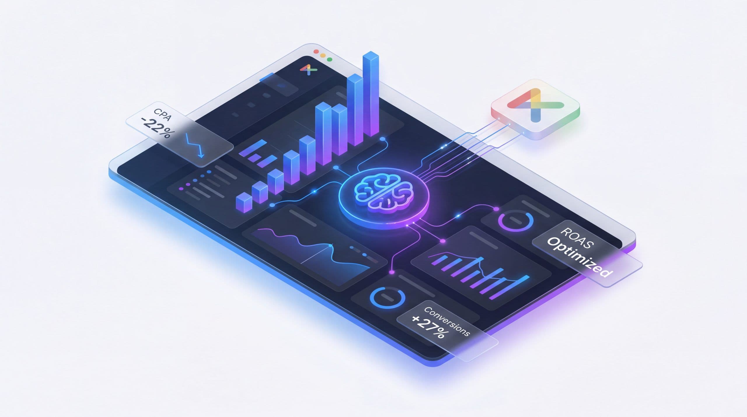 AI for Google Ads in 2026: dashboard showing AI bidding metrics, conversion lift, and ROAS optimization
