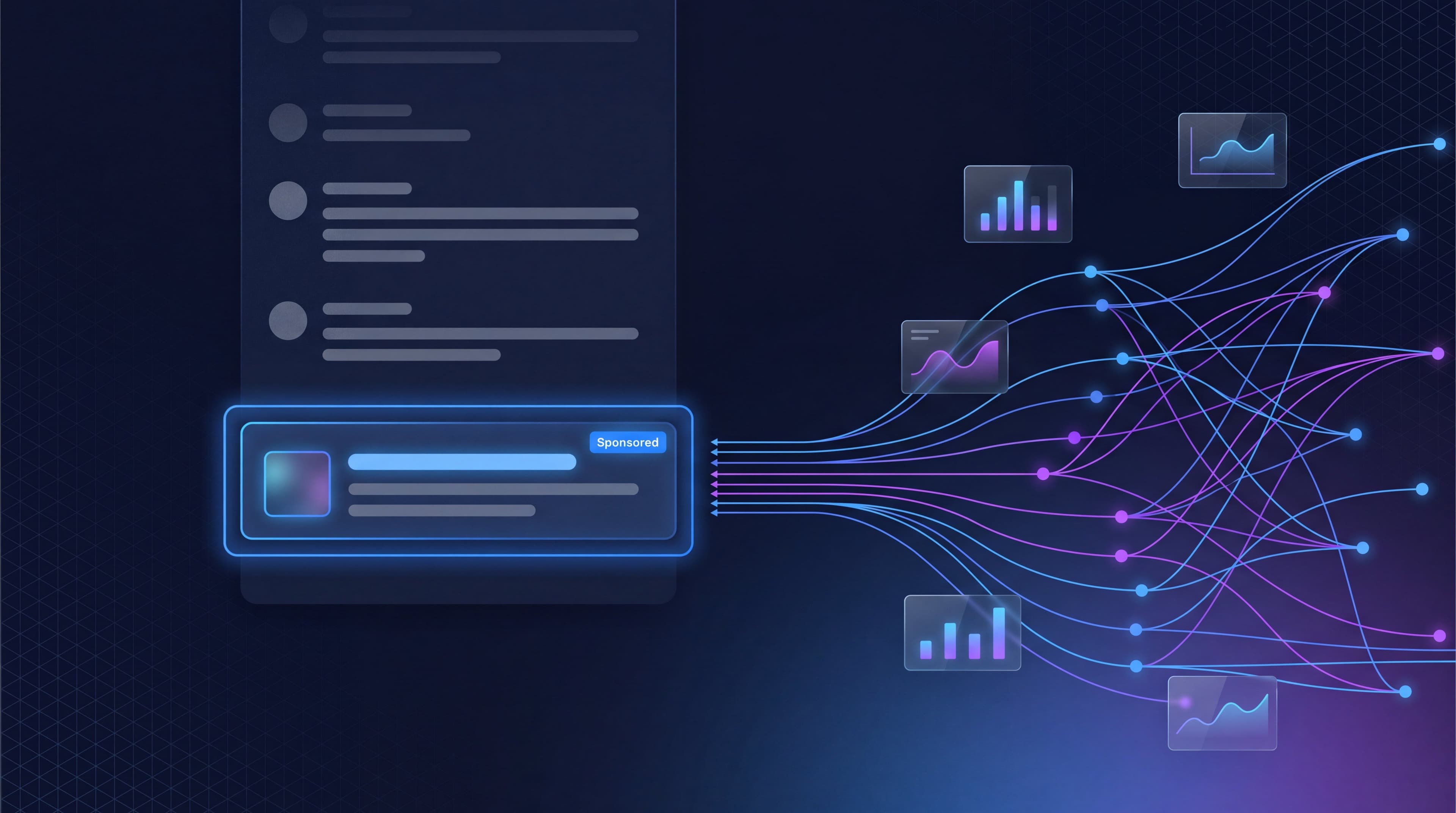 ChatGPT advertising concept showing a conversational AI answer panel in dark navy with a clearly labeled sponsored card below it, surrounded by blue and purple nodes representing context-matched intent signals, CPC and CPM auction bidding, and first-party conversion measurement