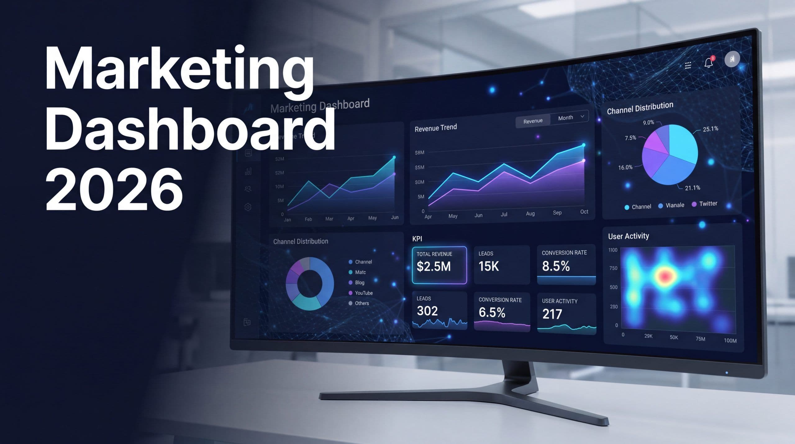 Modern AI-powered marketing dashboard with unified KPIs across paid, SEO, email and social channels