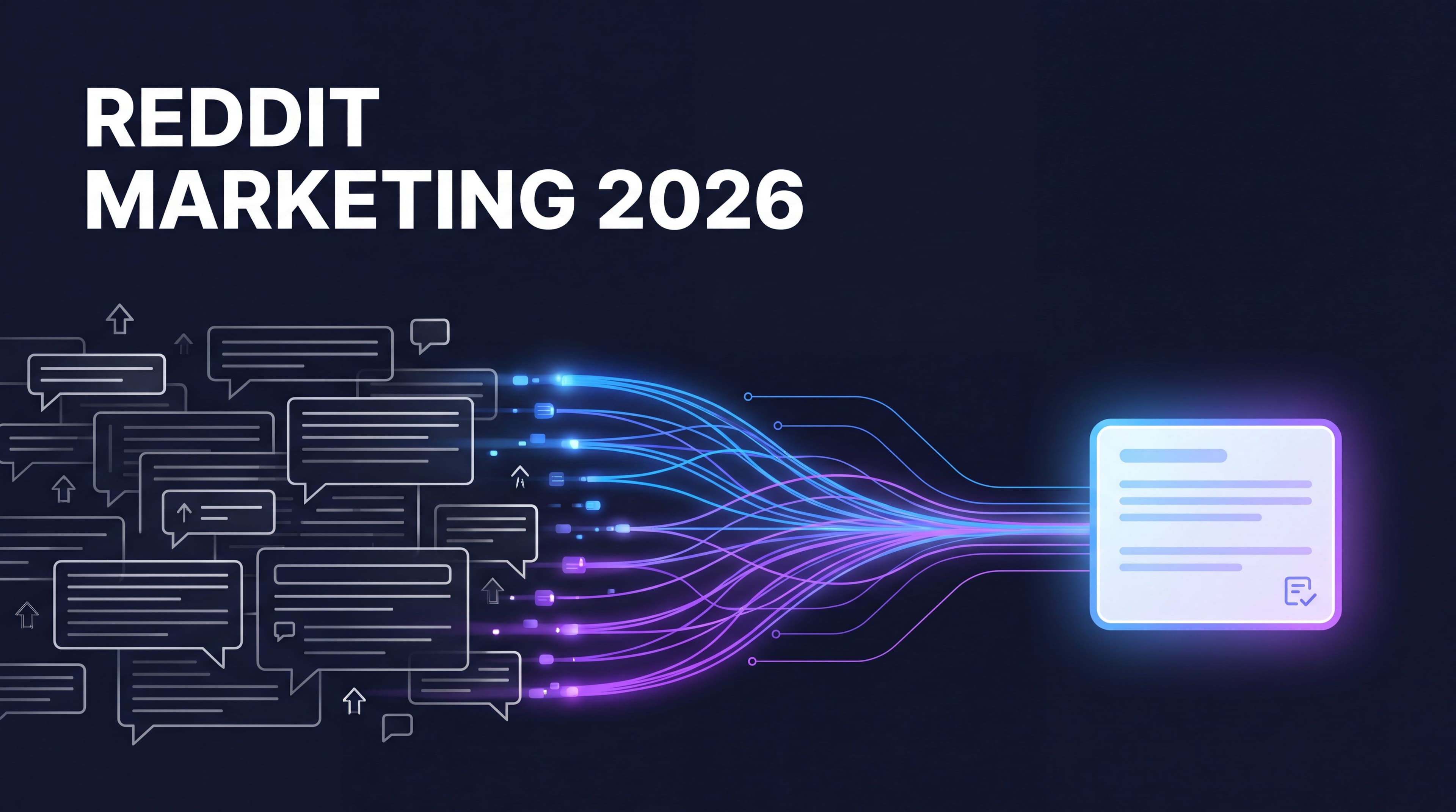 Reddit marketing in 2026 concept showing a dark navy field of threaded community conversation cards flowing upward into a glowing blue and purple AI answer panel, illustrating how Reddit discussions become the most-cited source in AI search results